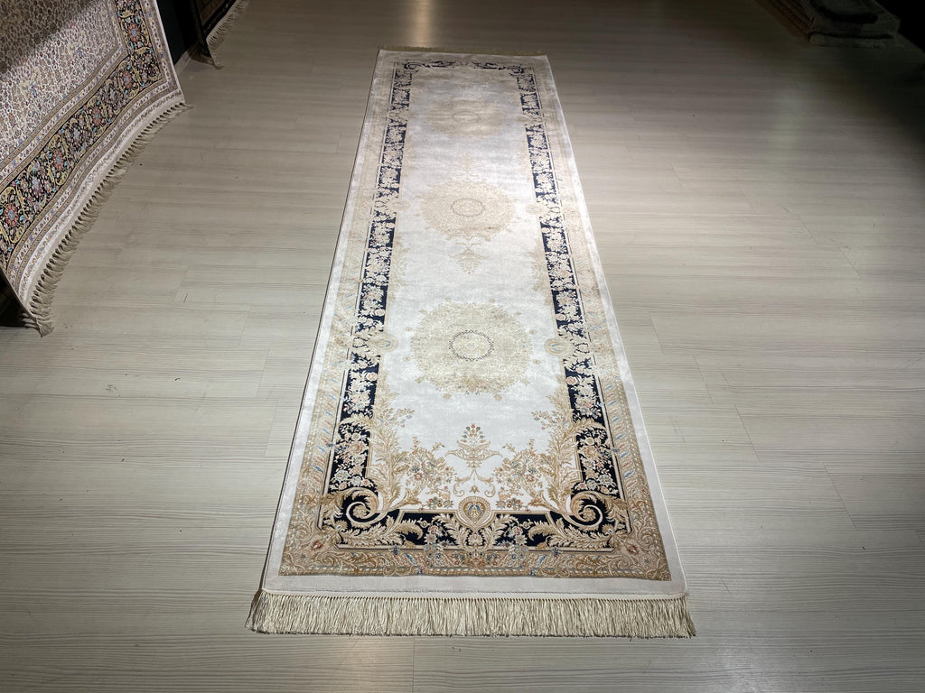 3x10 ft Ivory Navy Blue Silk Long Runner Rug, Modern Turkish Style Hallway Carpet