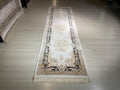 3x10 ft Ivory Navy Blue Silk Long Runner Rug, Modern Turkish Style Hallway Carpet