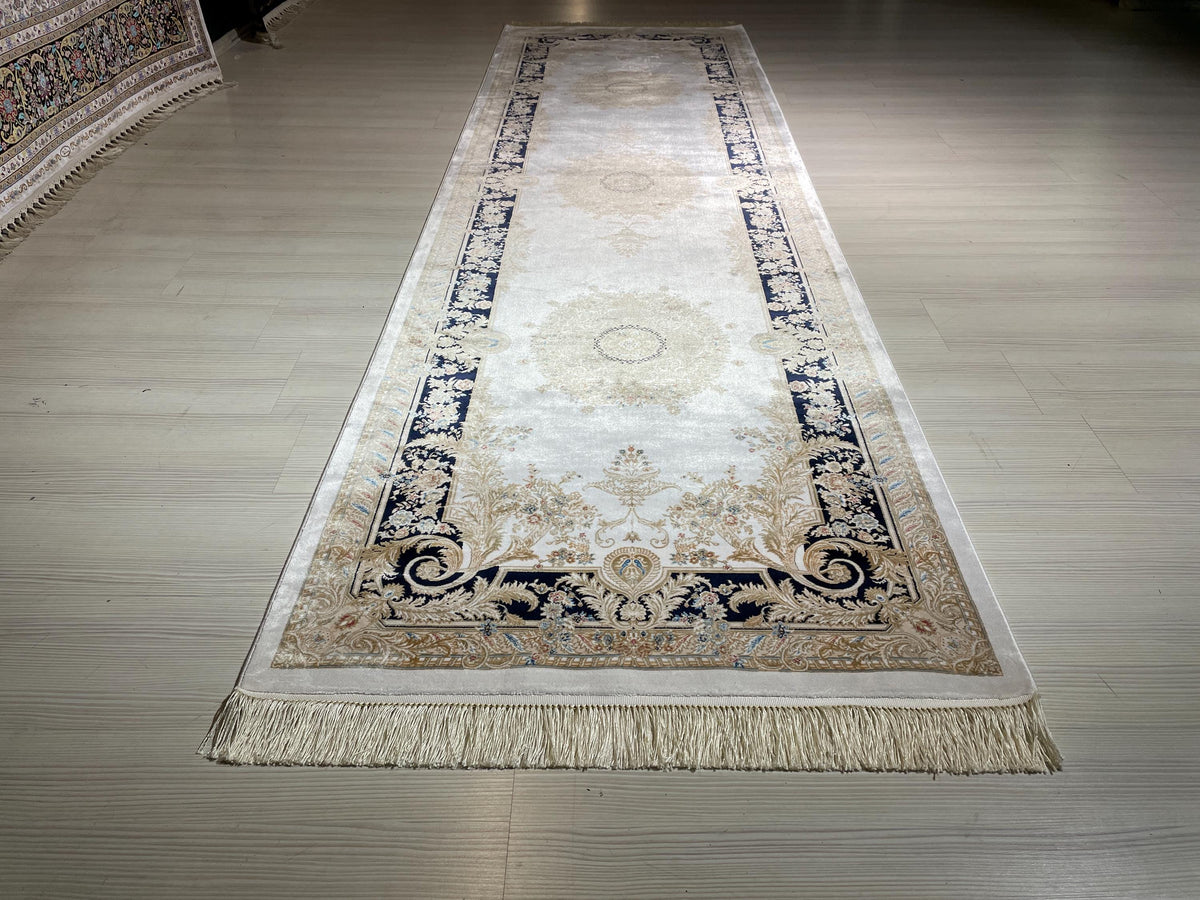 3x10 ft Ivory Navy Blue Silk Long Runner Rug, Modern Turkish Style Hallway Carpet