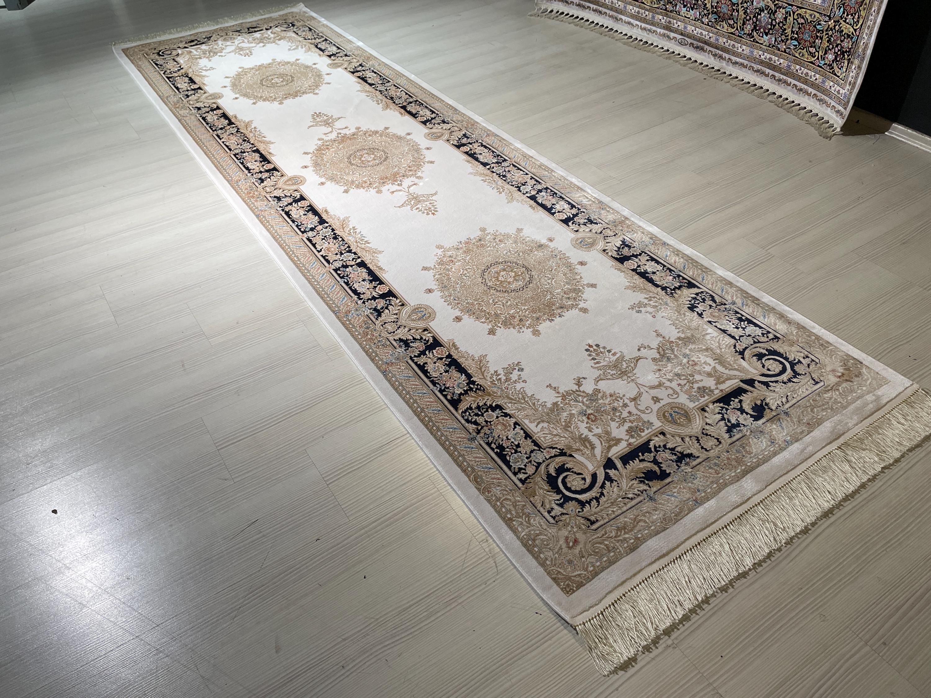 3x10 ft Ivory Navy Blue Silk Long Runner Rug, Modern Turkish Style Hallway Carpet