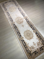3x10 ft Ivory Navy Blue Silk Long Runner Rug, Modern Turkish Style Hallway Carpet