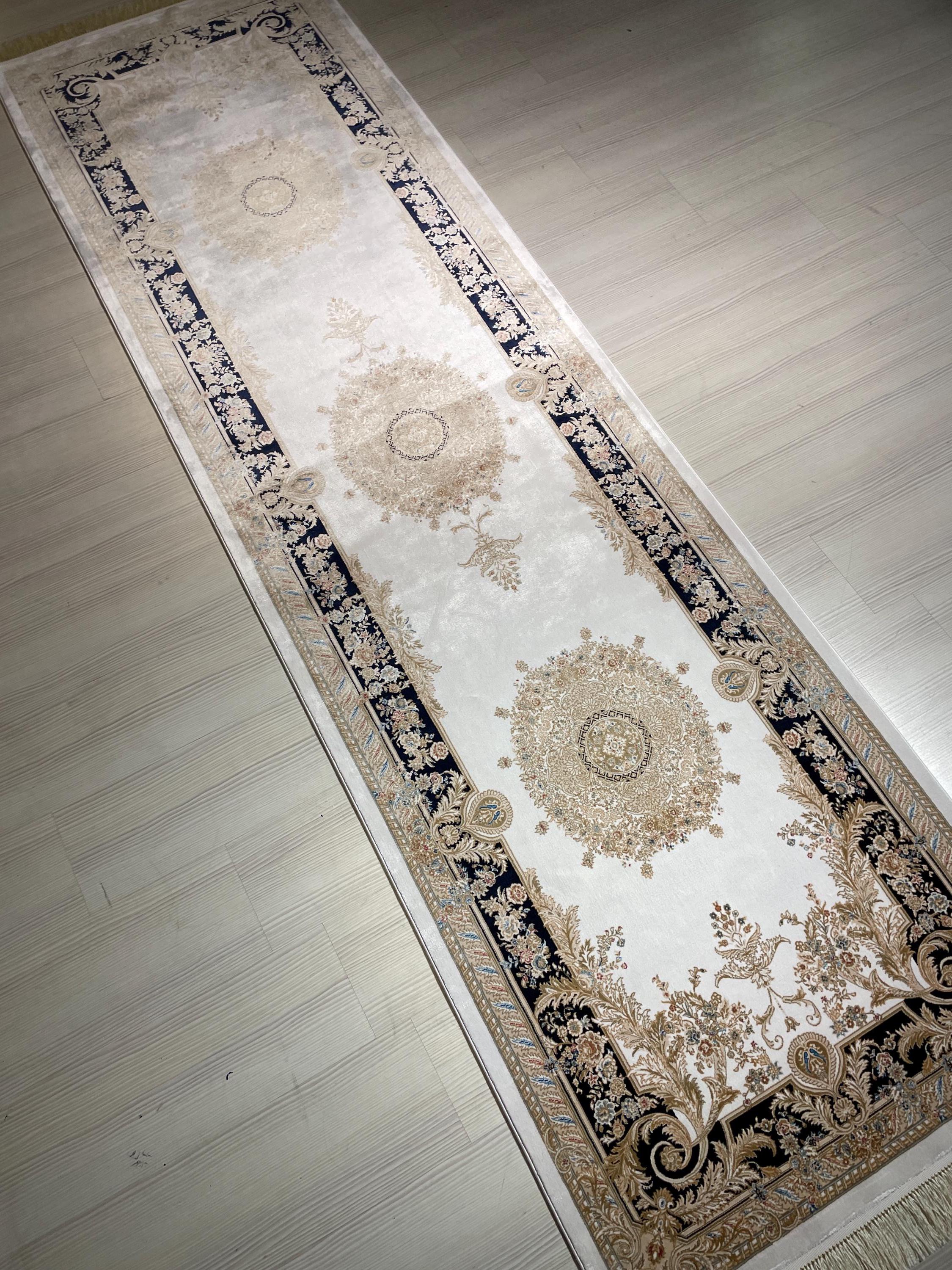 3x10 ft Ivory Navy Blue Silk Long Runner Rug, Modern Turkish Style Hallway Carpet