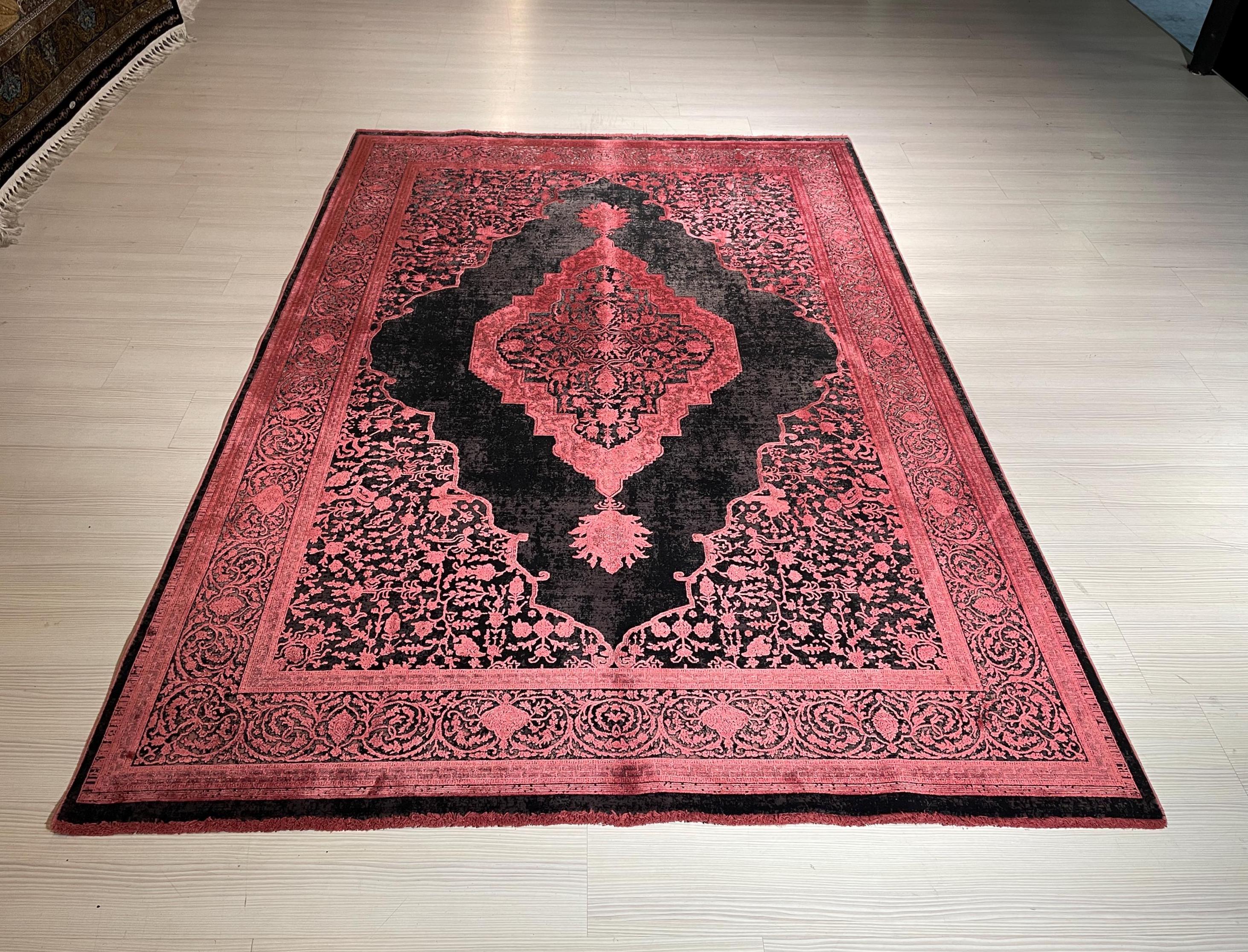 5x8 ft Red Black Vintage Medallion Rug, Bamboo Acrylic Area Rug, Living Room Carpet