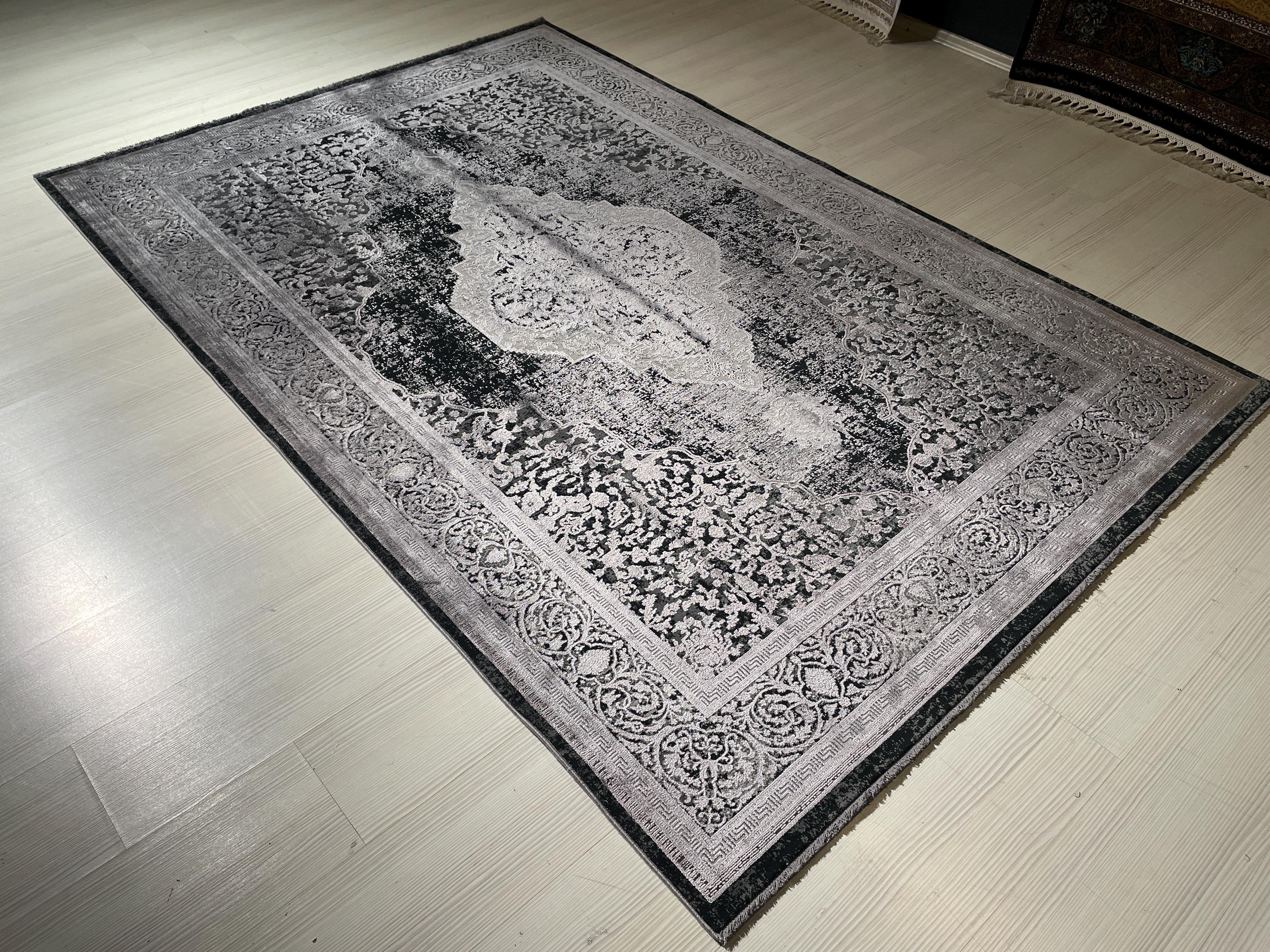 5x8 ft Charcoal Medallion Rug, Bamboo Acrylic Area Rug, Vintage Living Room Carpet