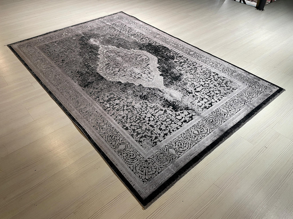 5x8 ft Charcoal Medallion Rug, Bamboo Acrylic Area Rug, Vintage Living Room Carpet