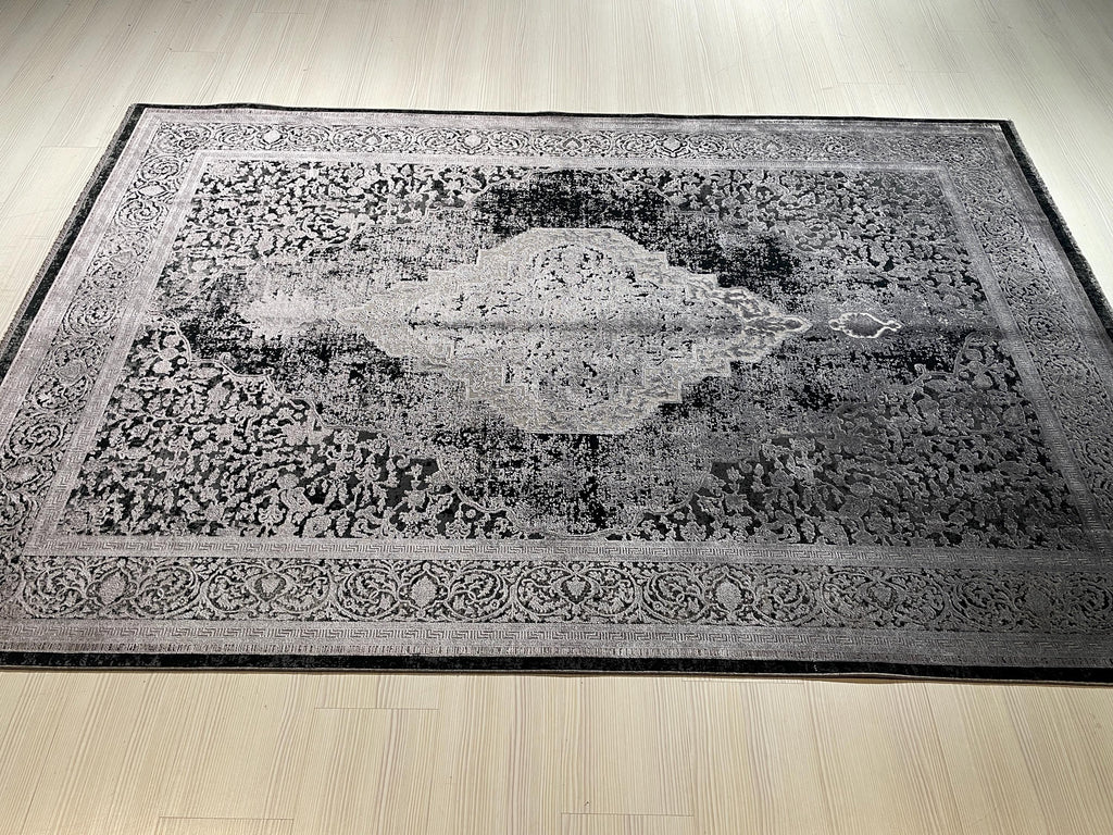 5x8 ft Charcoal Medallion Rug, Bamboo Acrylic Area Rug, Vintage Living Room Carpet