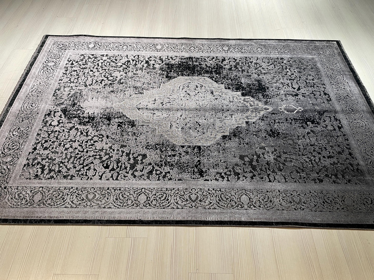 5x8 ft Charcoal Medallion Rug, Bamboo Acrylic Area Rug, Vintage Living Room Carpet