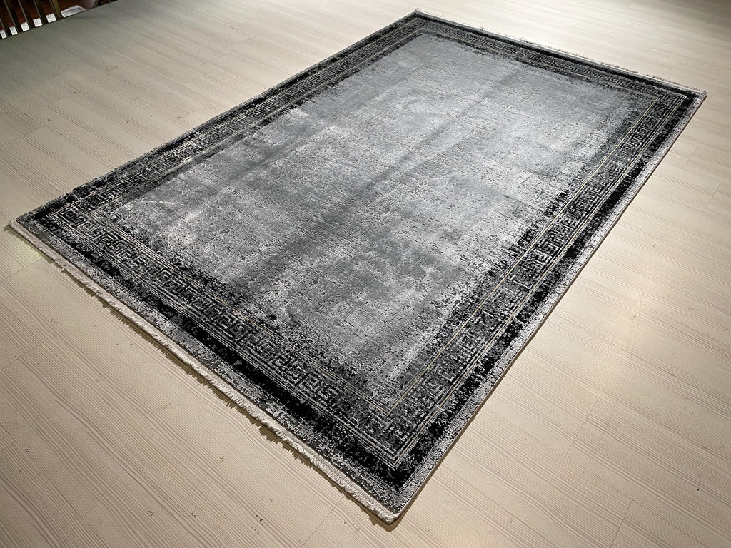5x8 ft Modern Gray Border Rug, Bamboo Acrylic Area Rug, Minimalist Living Room Carpet
