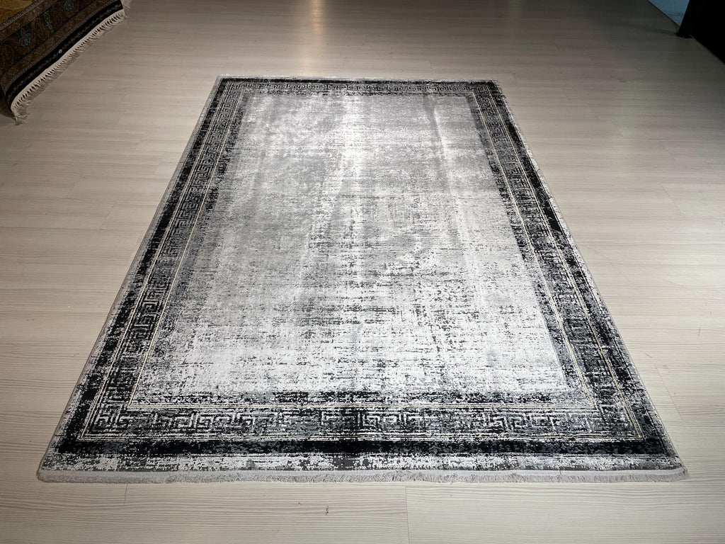 5x8 ft Modern Gray Border Rug, Bamboo Acrylic Area Rug, Minimalist Living Room Carpet
