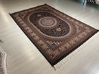 5x8 ft Gold Navy Blue Bamboo Silk Rug, Modern Medallion Design, Turkish Style Carpet