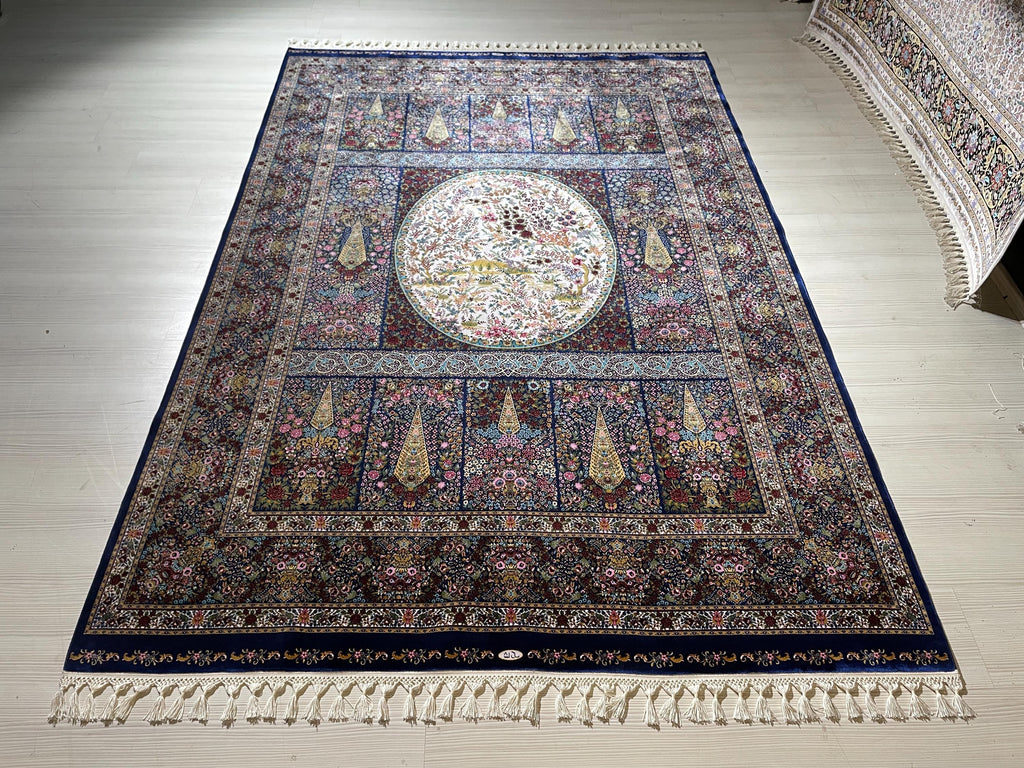 5x8 ft Tree of Life Silk Rug, Garden Design, Floral Area Rug, Black Luxury Living Room Carpet