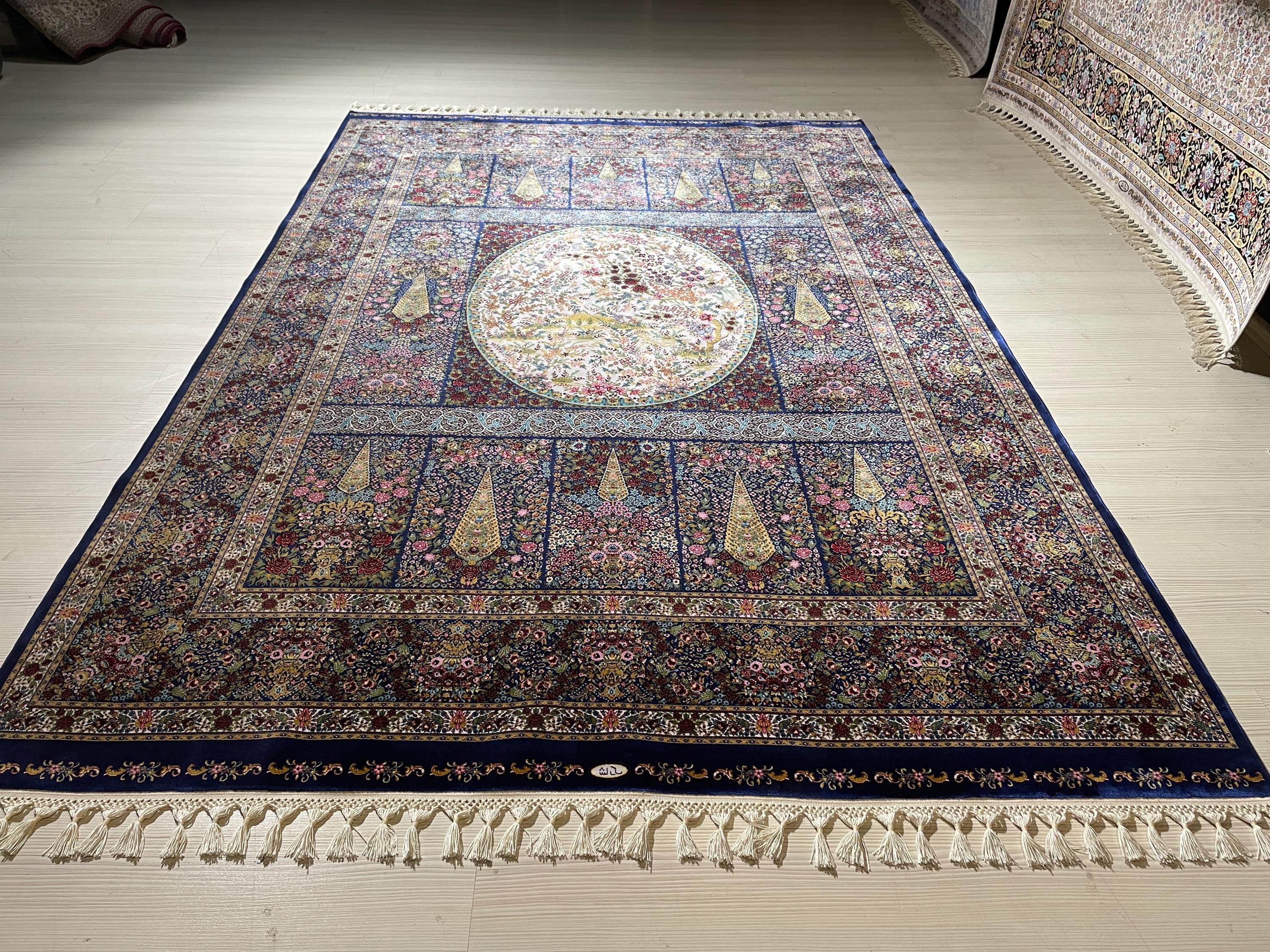 5x8 ft Tree of Life Silk Rug, Garden Design, Floral Area Rug, Black Luxury Living Room Carpet