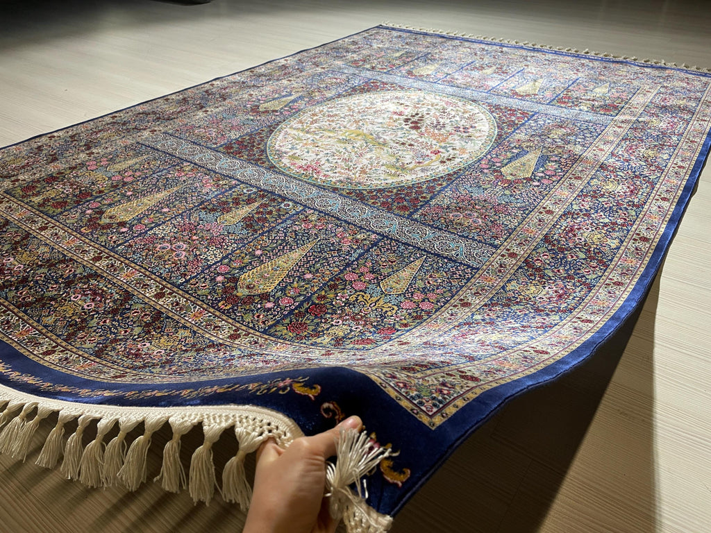 5x8 ft Tree of Life Silk Rug, Garden Design, Floral Area Rug, Black Luxury Living Room Carpet