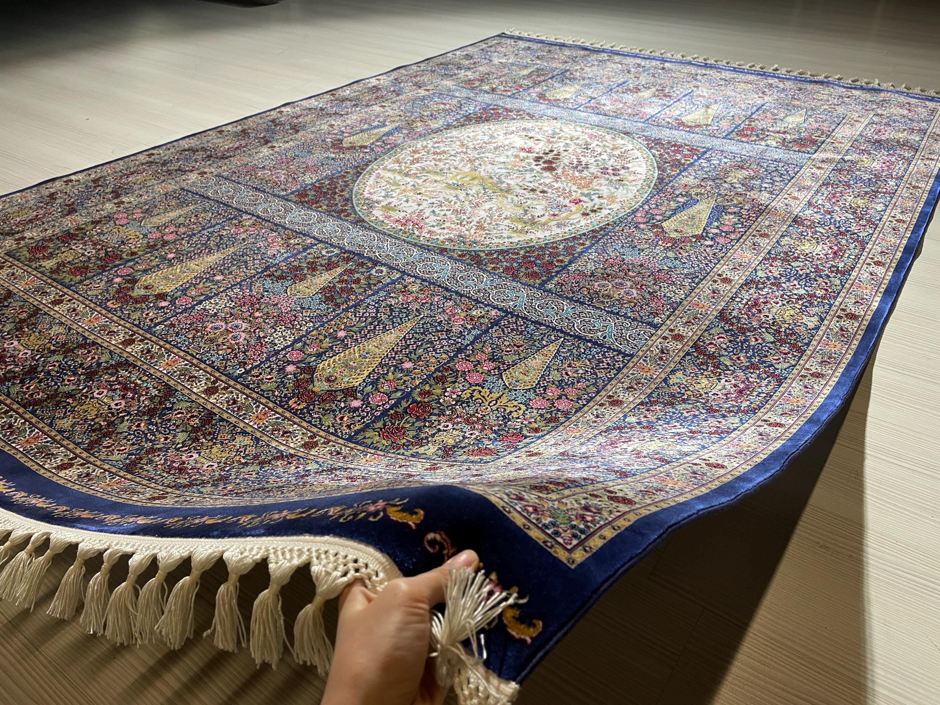 5x8 ft Tree of Life Silk Rug, Garden Design, Floral Area Rug, Black Luxury Living Room Carpet