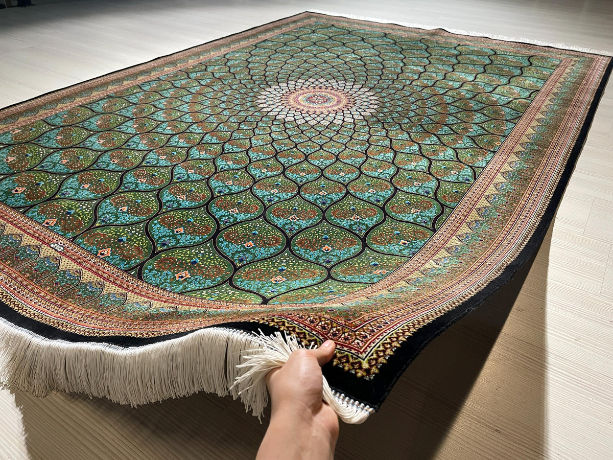 6x8 ft Modal Silk Rug, Green Lotus Floral Pattern, Luxury Living Room Carpet