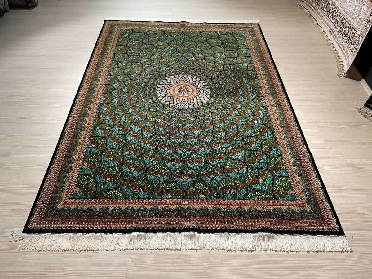 6x8 ft Modal Silk Rug, Green Lotus Floral Pattern, Luxury Living Room Carpet