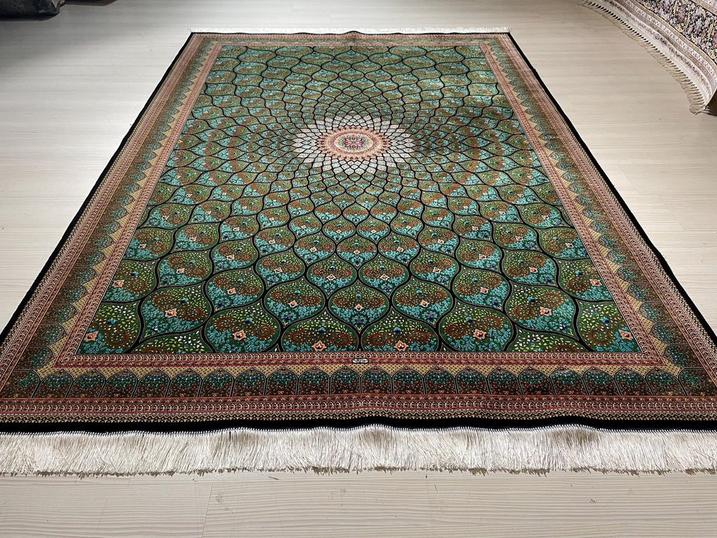 6x8 ft Modal Silk Rug, Green Lotus Floral Pattern, Luxury Living Room Carpet