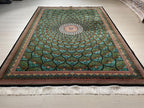 6x8 ft Modal Silk Rug, Green Lotus Floral Pattern, Luxury Living Room Carpet