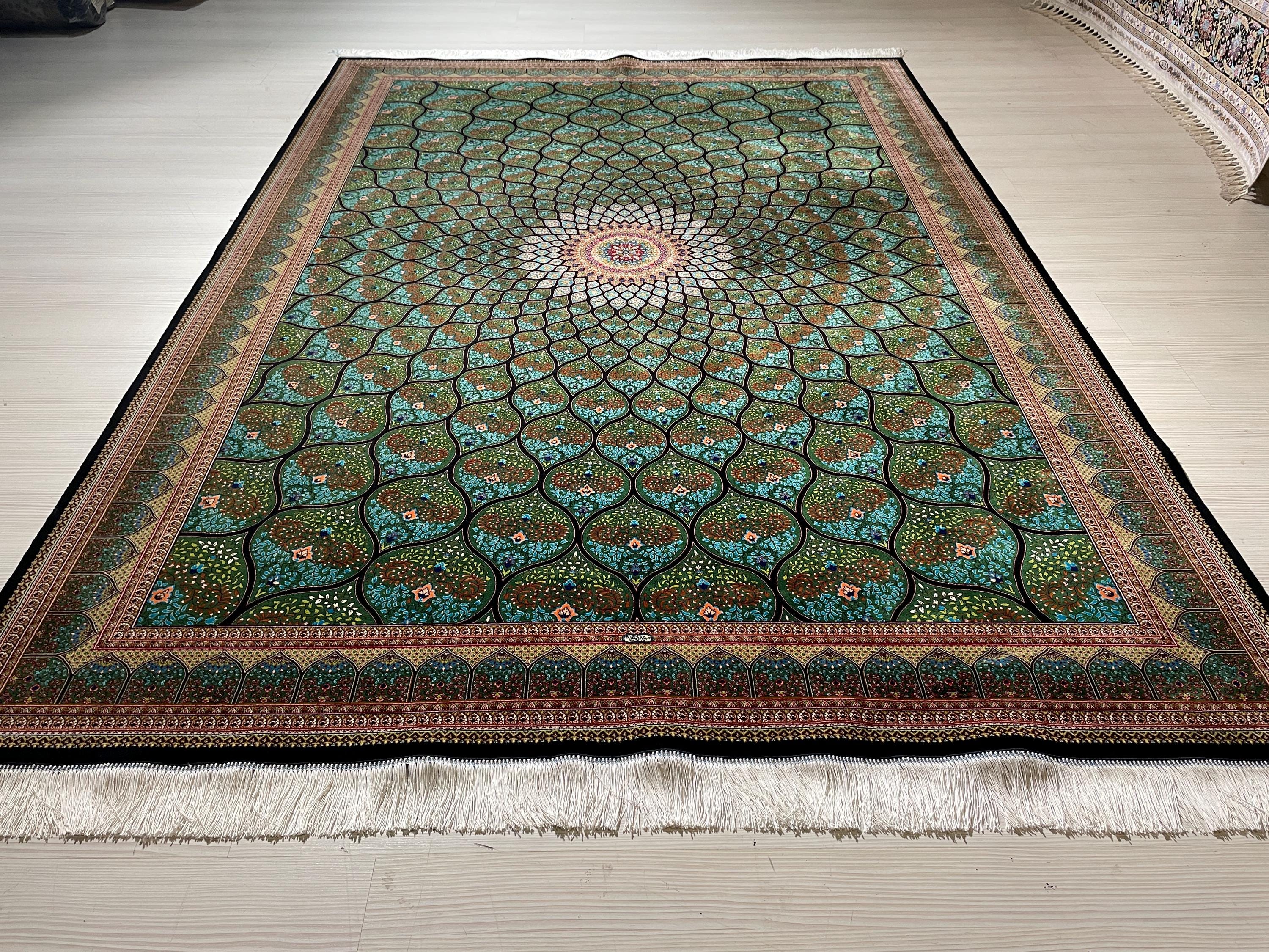 6x8 ft Modal Silk Rug, Green Lotus Floral Pattern, Luxury Living Room Carpet