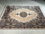 5x8 ft Silk Area Rug, Ivory Medallion, Blue Border, Luxury Living Room Carpet