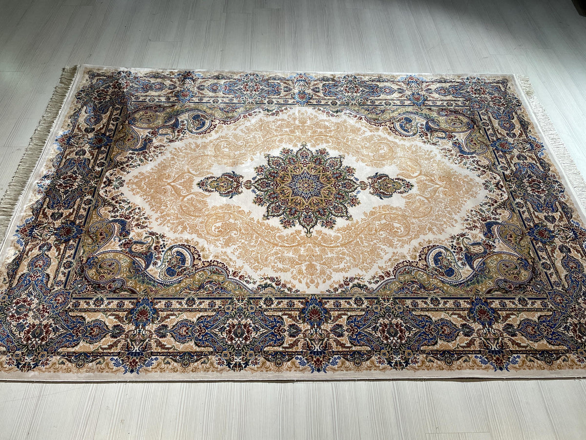 5x8 ft Silk Area Rug, Ivory Medallion, Blue Border, Luxury Living Room Carpet