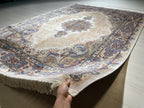 5x8 ft Silk Area Rug, Ivory Medallion, Blue Border, Luxury Living Room Carpet
