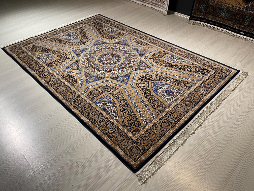 5x8Navy Blue Gold Silk Rug, Geometric Star Medallion, Luxury Area Rug, Turkish Decor