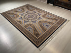 5x8Navy Blue Gold Silk Rug, Geometric Star Medallion, Luxury Area Rug, Turkish Decor