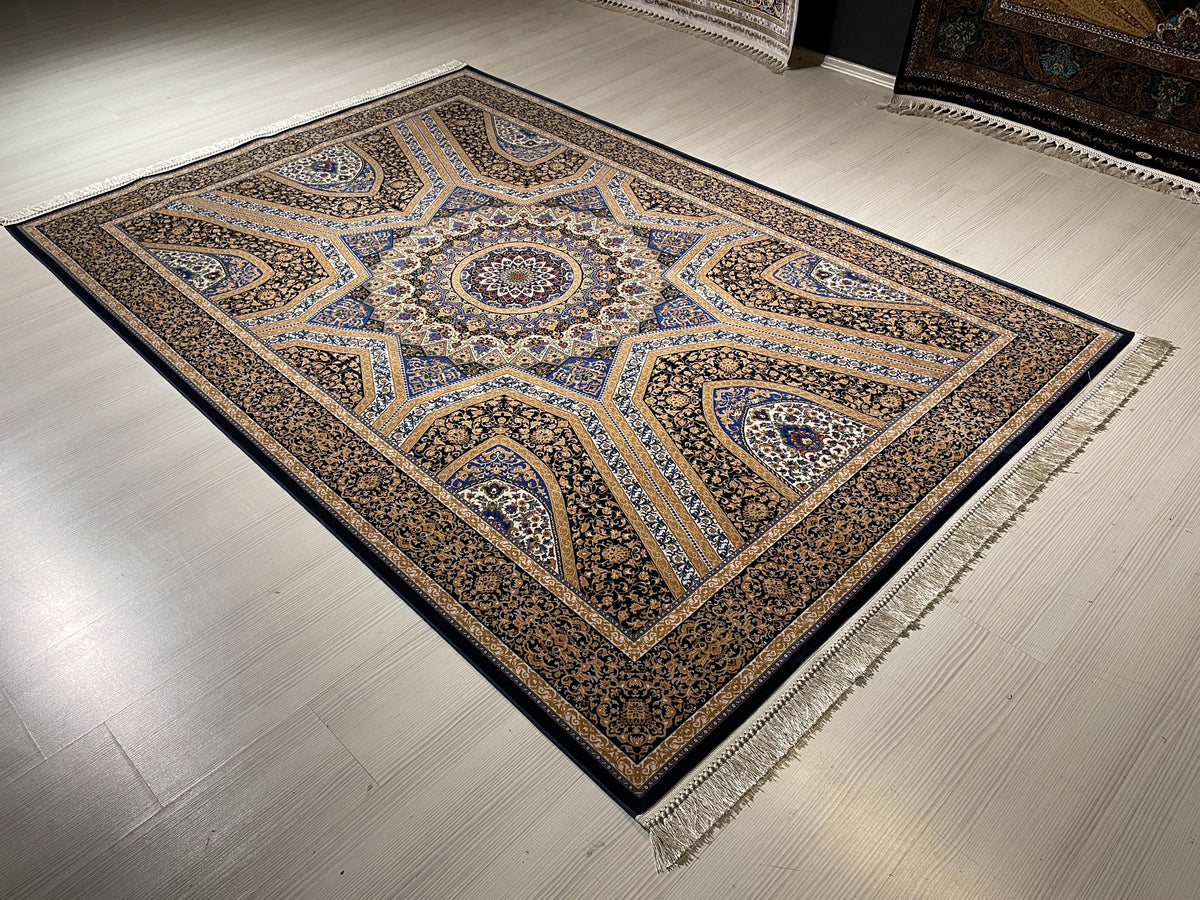 5x8Navy Blue Gold Silk Rug, Geometric Star Medallion, Luxury Area Rug, Turkish Decor