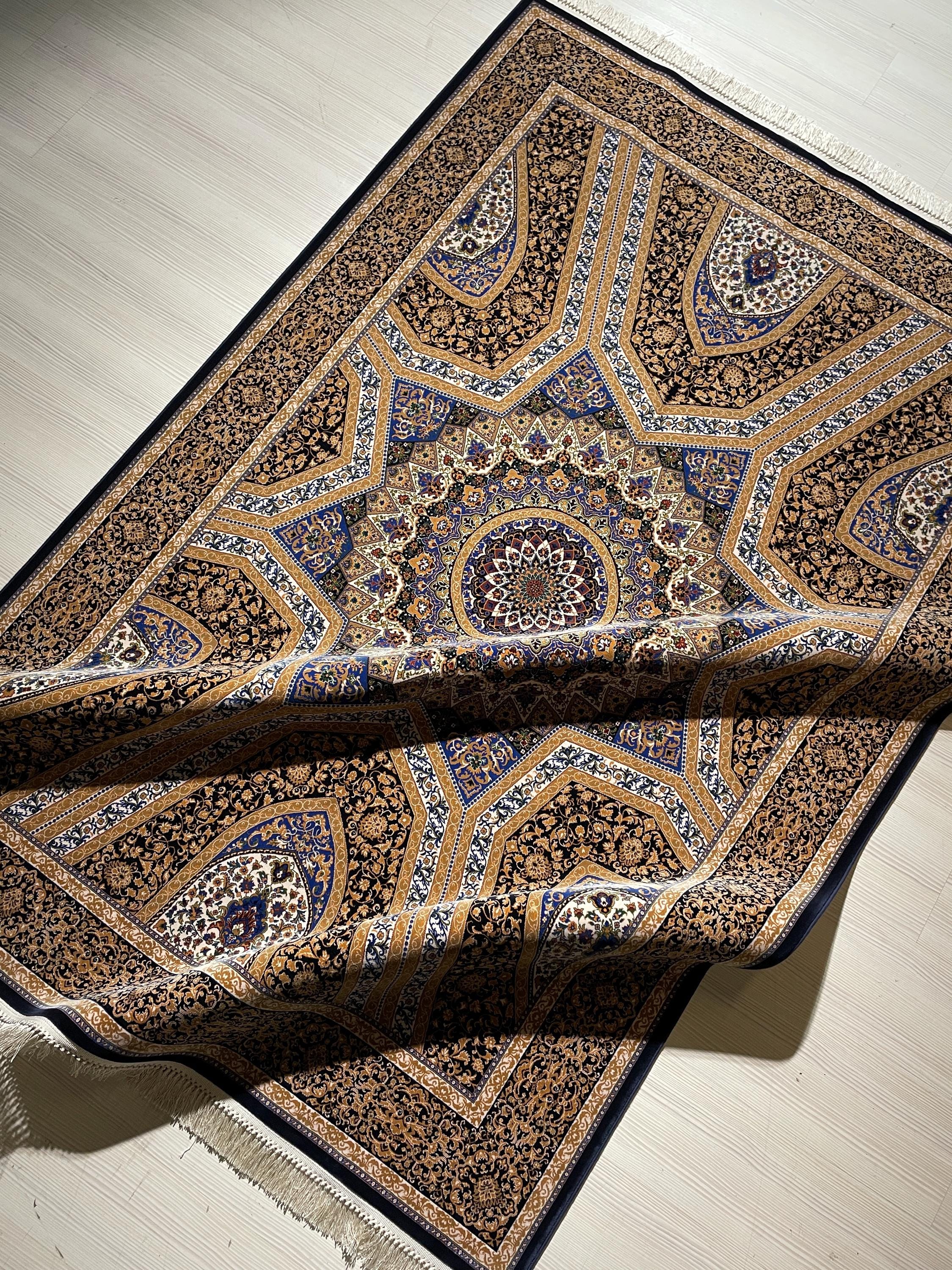 5x8Navy Blue Gold Silk Rug, Geometric Star Medallion, Luxury Area Rug, Turkish Decor