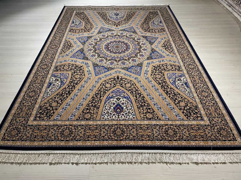 5x8Navy Blue Gold Silk Rug, Geometric Star Medallion, Luxury Area Rug, Turkish Decor