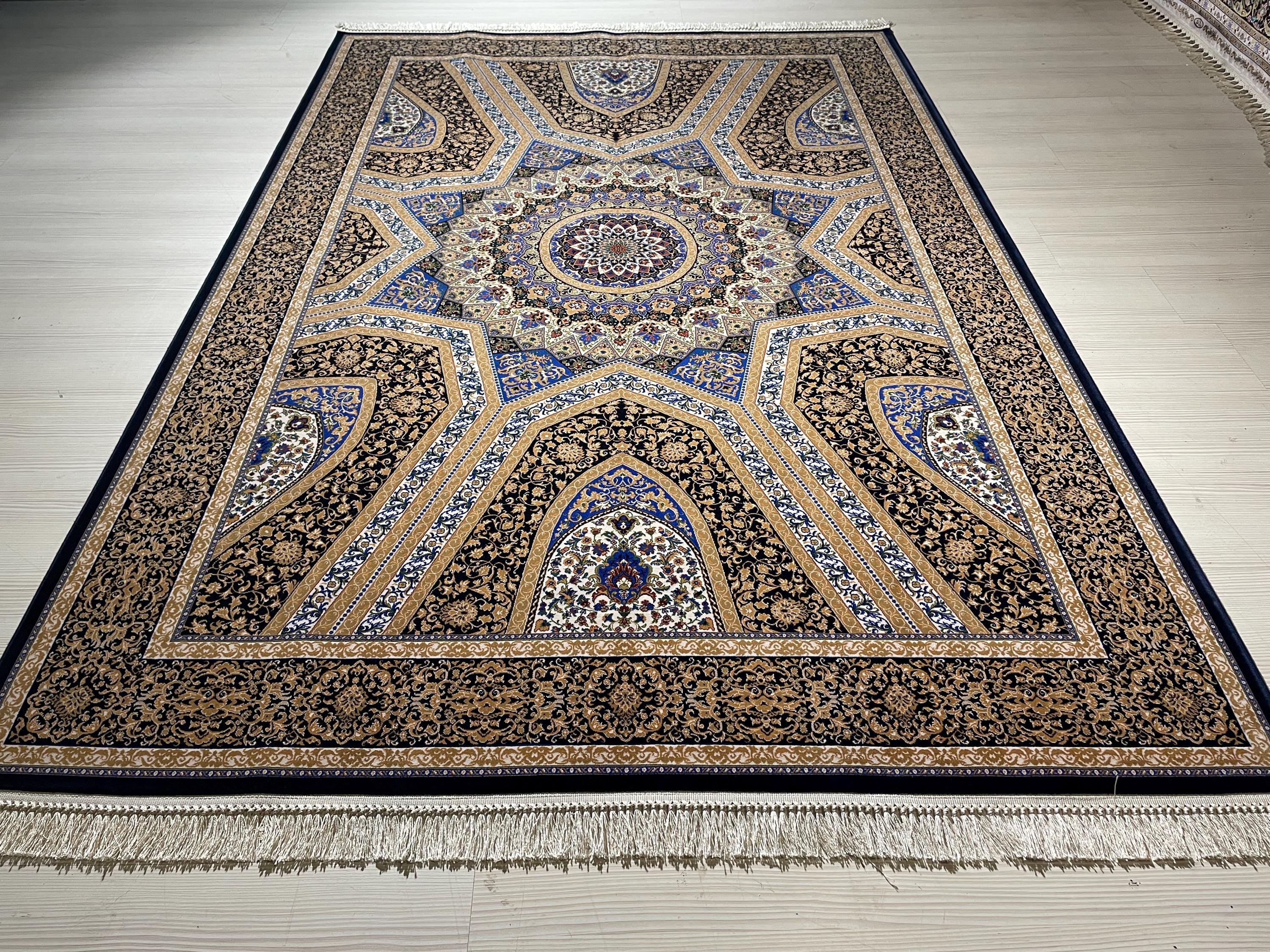 5x8Navy Blue Gold Silk Rug, Geometric Star Medallion, Luxury Area Rug, Turkish Decor
