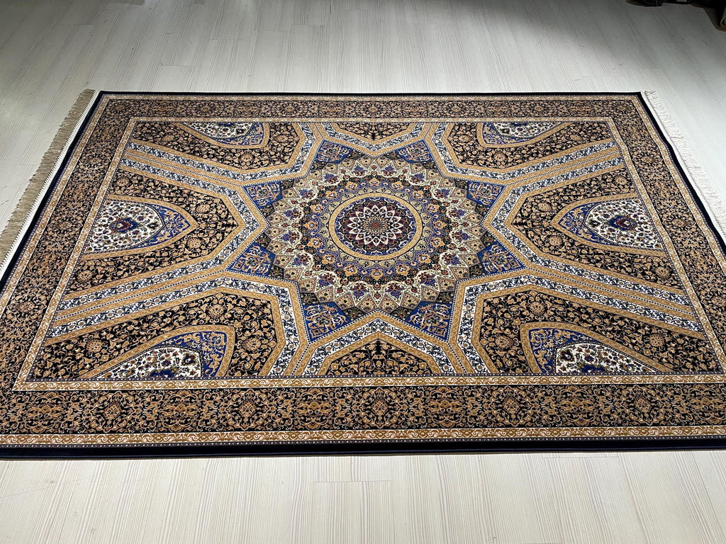 5x8Navy Blue Gold Silk Rug, Geometric Star Medallion, Luxury Area Rug, Turkish Decor
