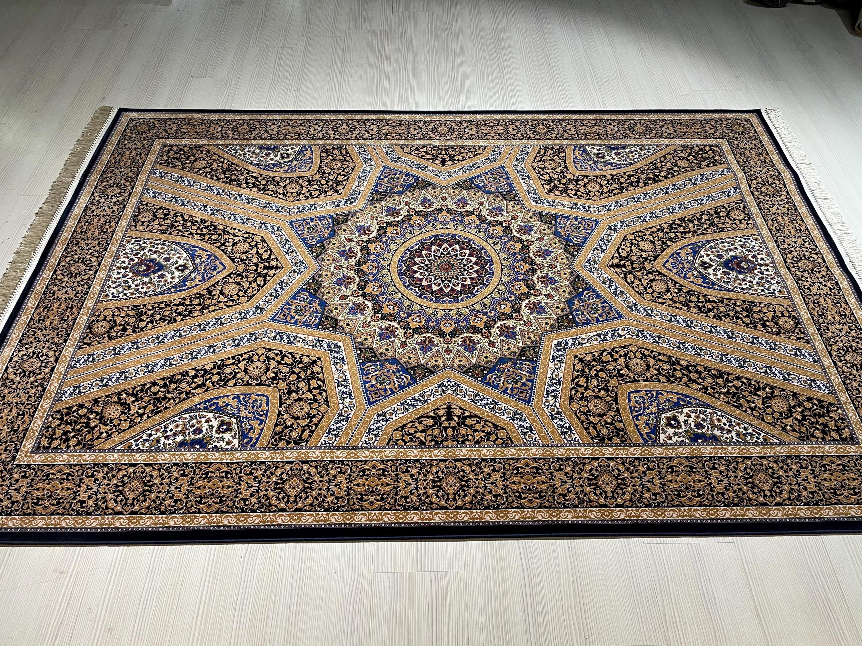5x8Navy Blue Gold Silk Rug, Geometric Star Medallion, Luxury Area Rug, Turkish Decor