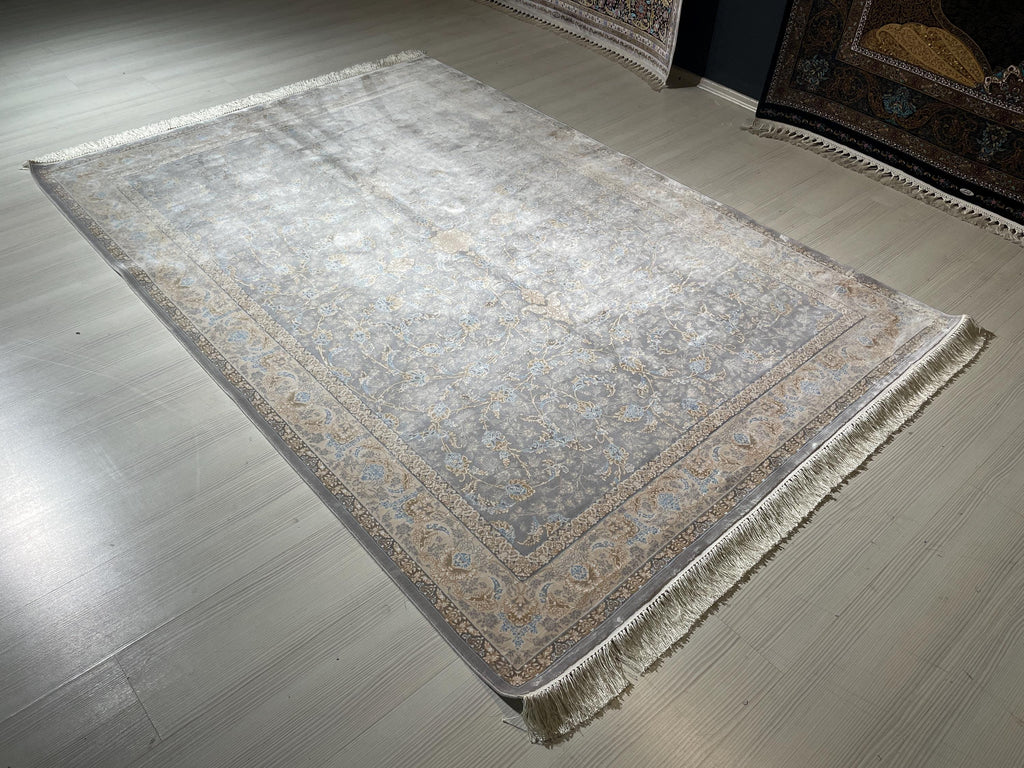 5x8 ft Gray Floral Silk Rug, Turkish Style, Luxury Living Room Rug