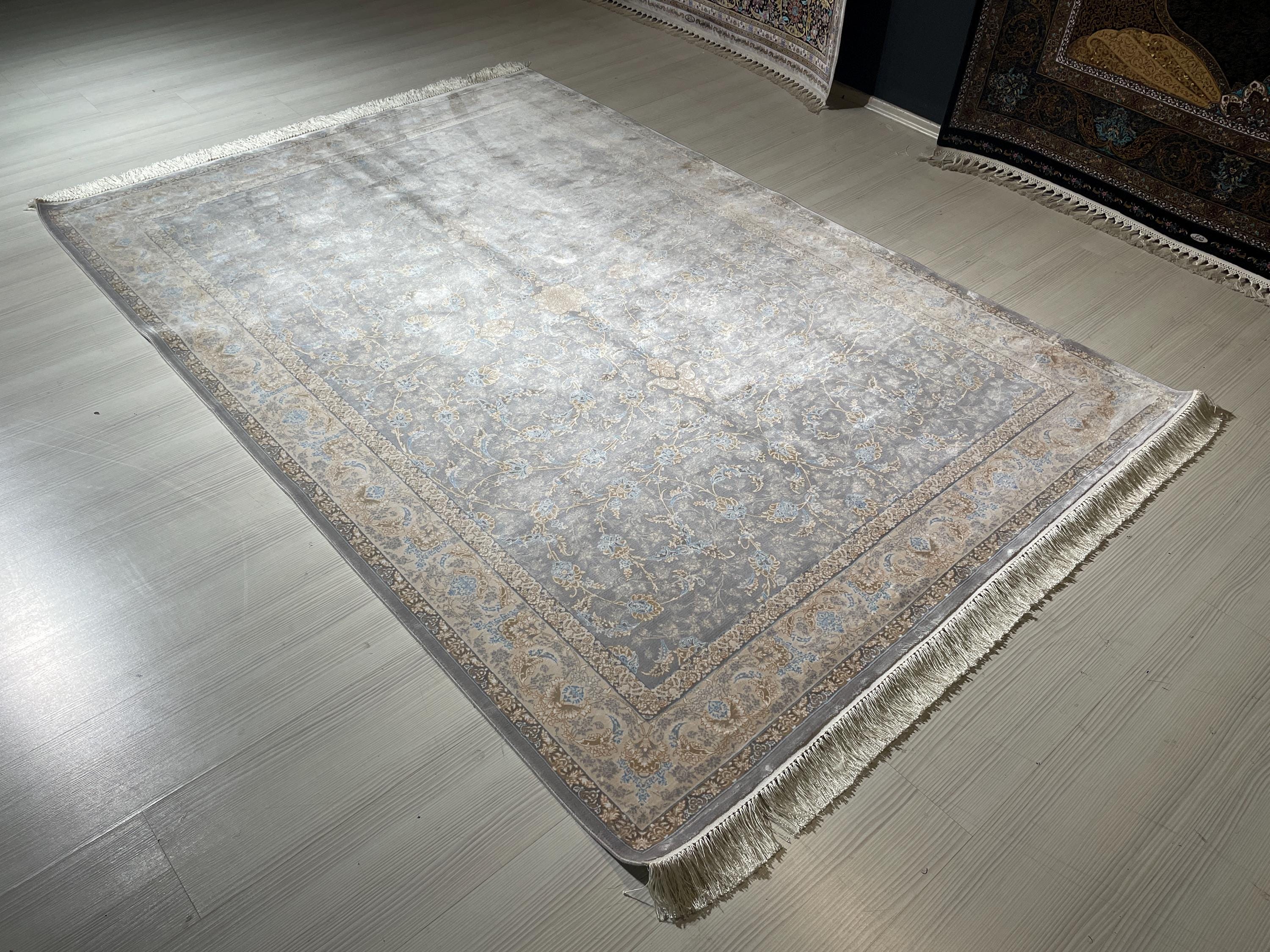 5x8 ft Gray Floral Silk Rug, Turkish Style, Luxury Living Room Rug