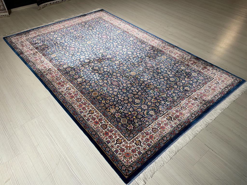 6x8 ft Navy Blue Turkish Silk Rug, Floral Area Rug, Luxury Living Room Decor