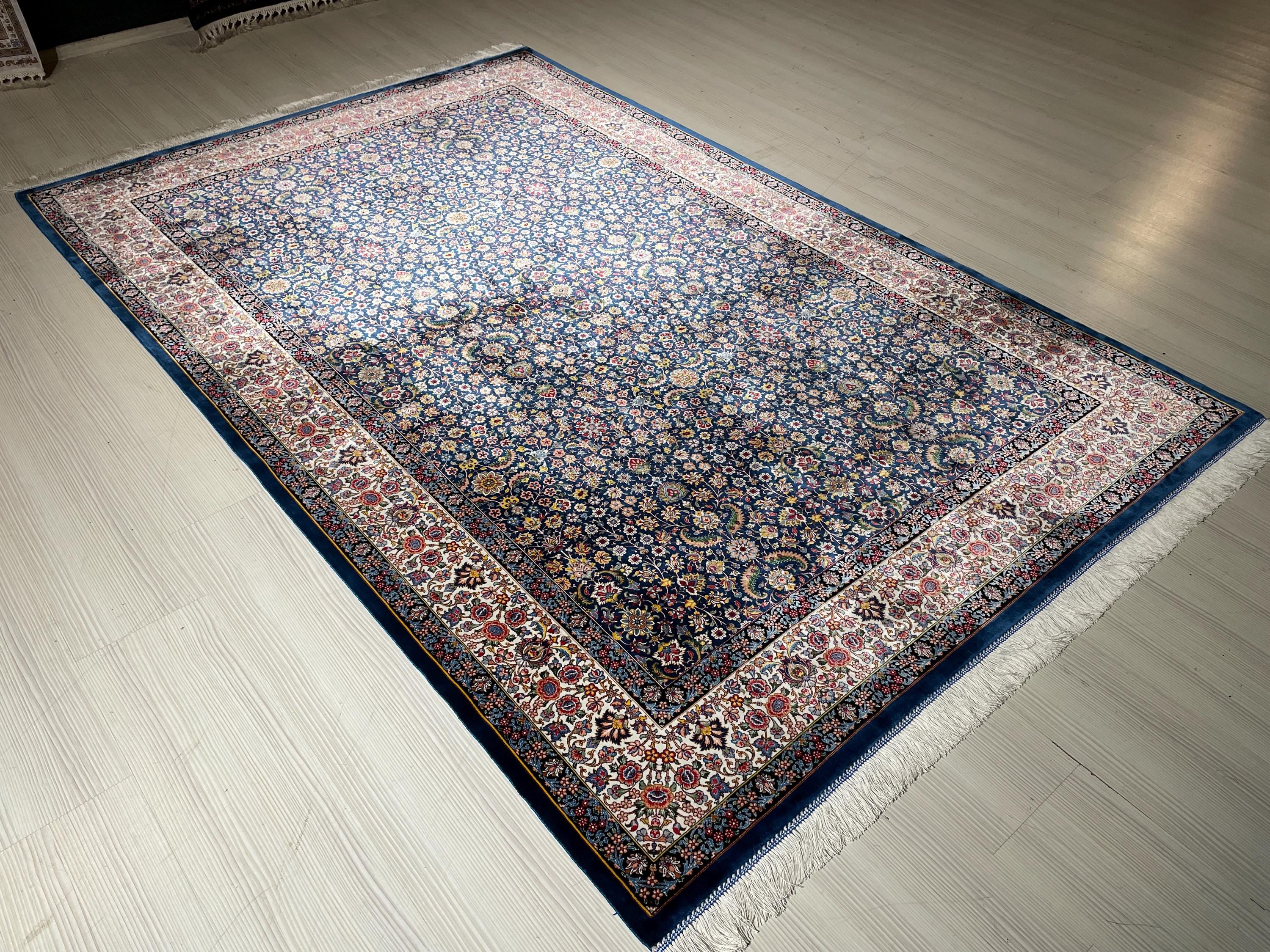 6x8 ft Navy Blue Turkish Silk Rug, Floral Area Rug, Luxury Living Room Decor
