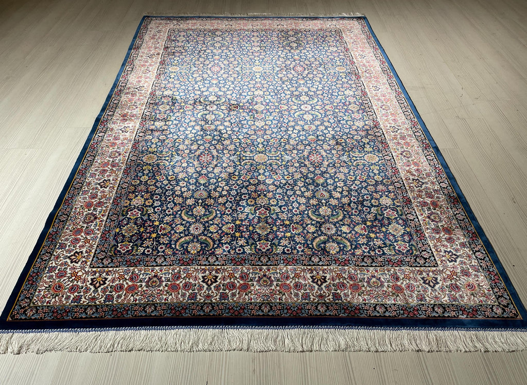 6x8 ft Navy Blue Turkish Silk Rug, Floral Area Rug, Luxury Living Room Decor