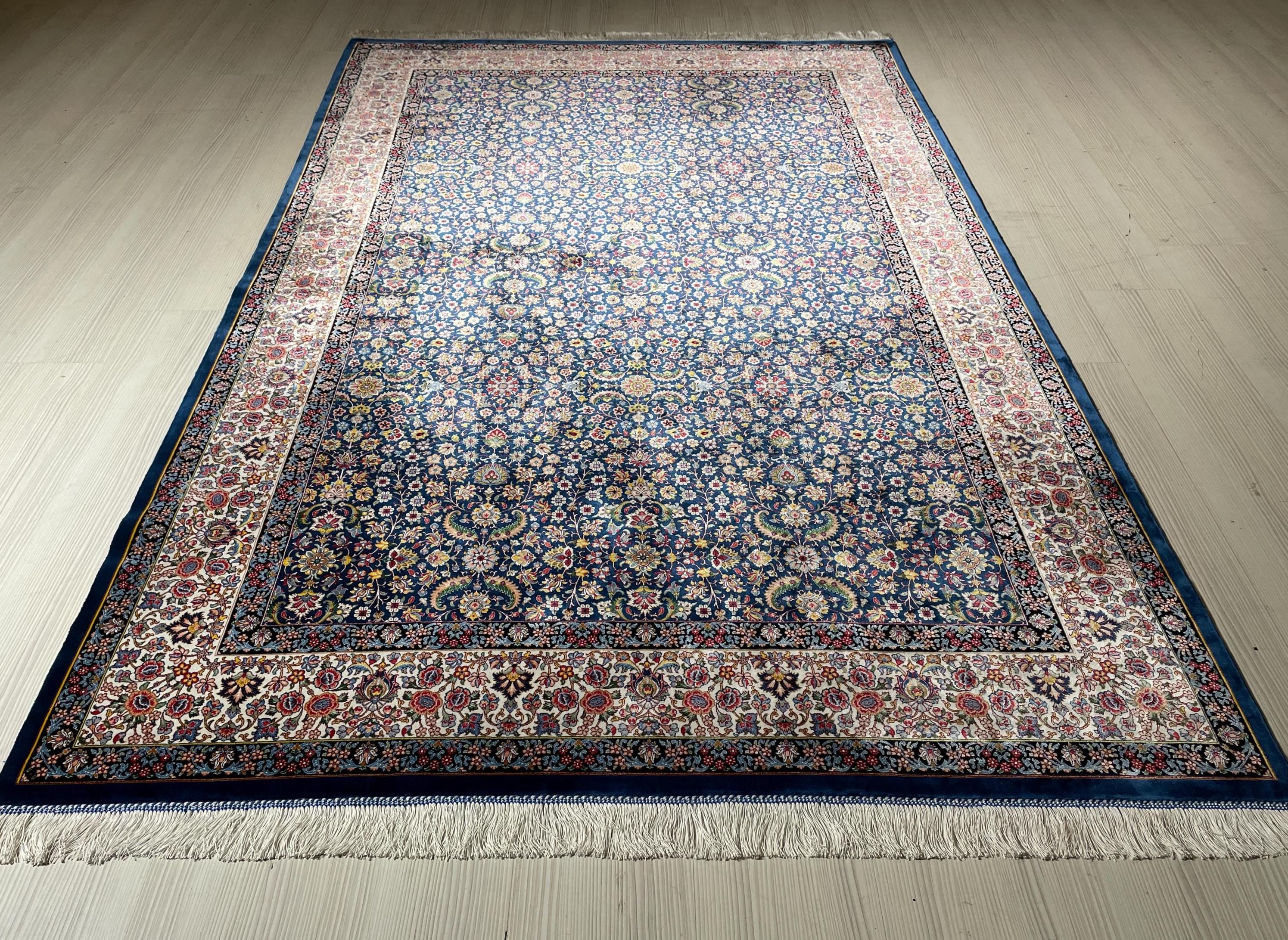 6x8 ft Navy Blue Turkish Silk Rug, Floral Area Rug, Luxury Living Room Decor