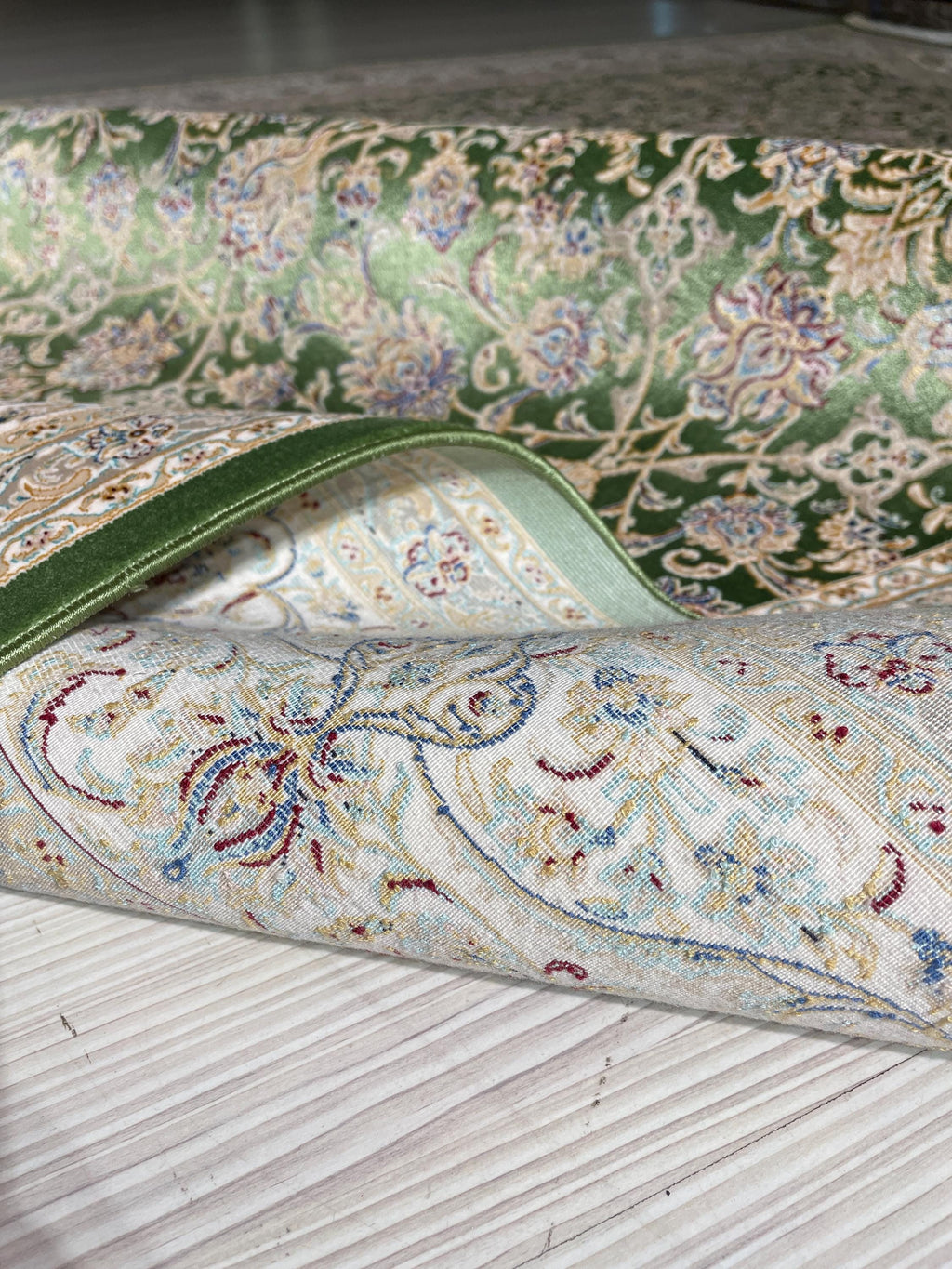 5x8 ft Green Beige Silk Rug, Floral Pattern, Turkish Style Living Room Rug