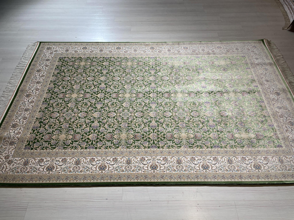 5x8 ft Green Beige Silk Rug, Floral Pattern, Turkish Style Living Room Rug