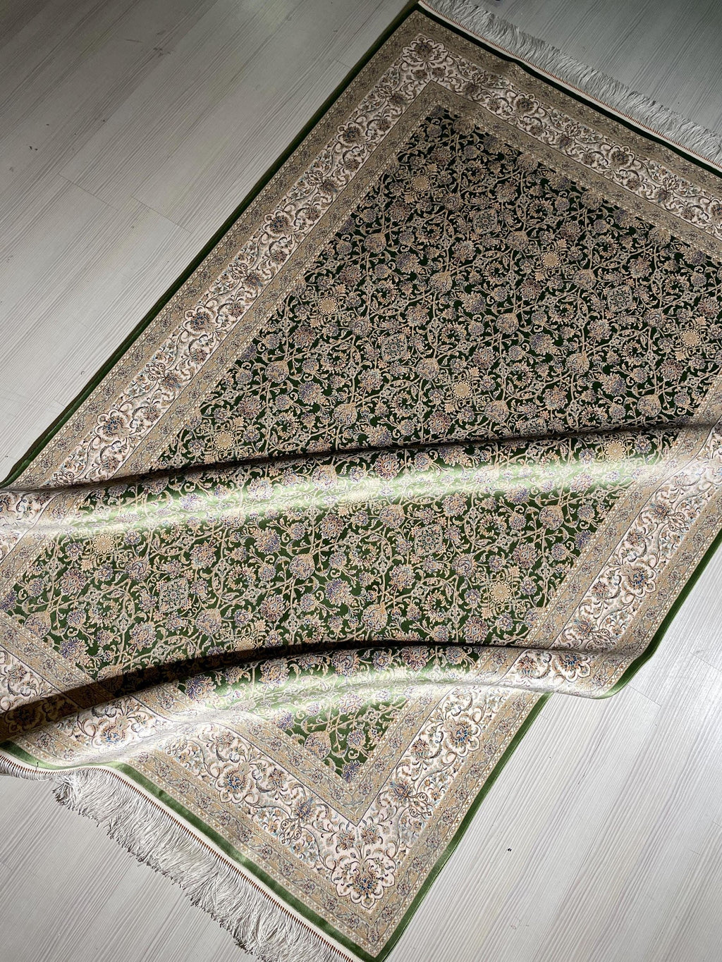 5x8 ft Green Beige Silk Rug, Floral Pattern, Turkish Style Living Room Rug