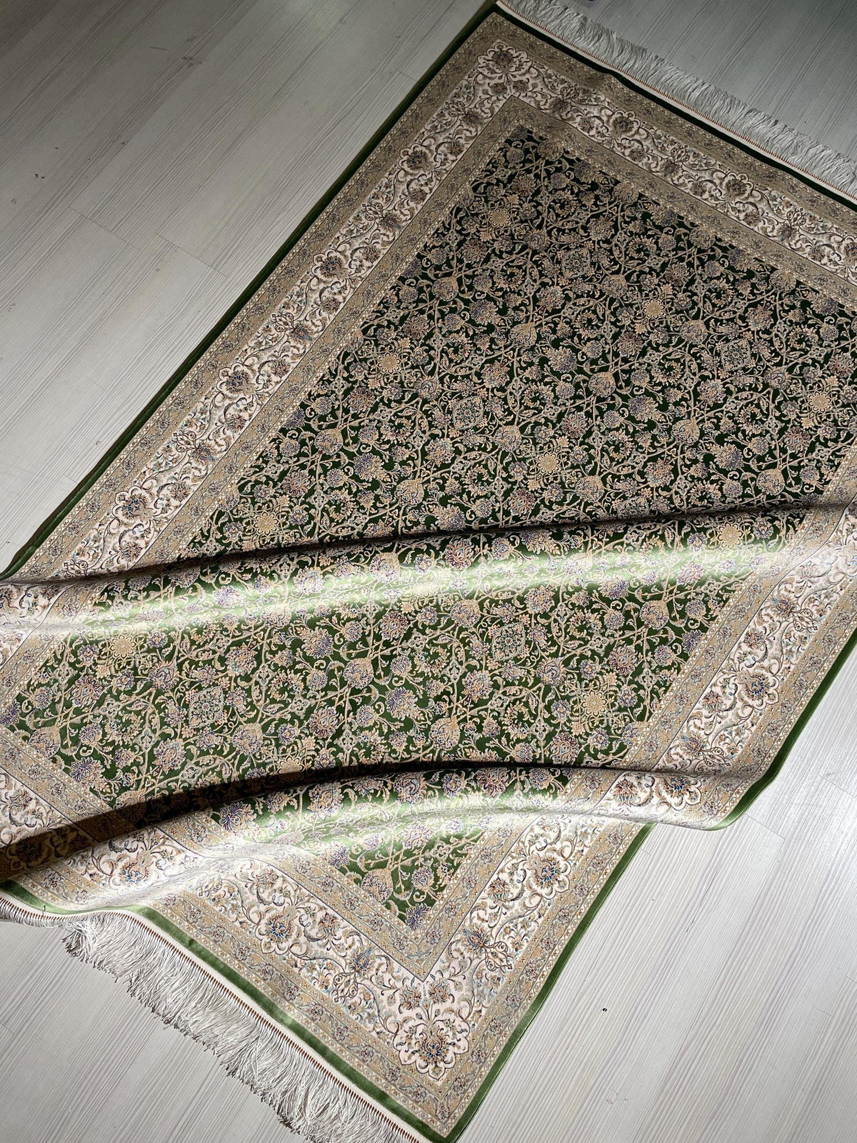 5x8 ft Green Beige Silk Rug, Floral Pattern, Turkish Style Living Room Rug