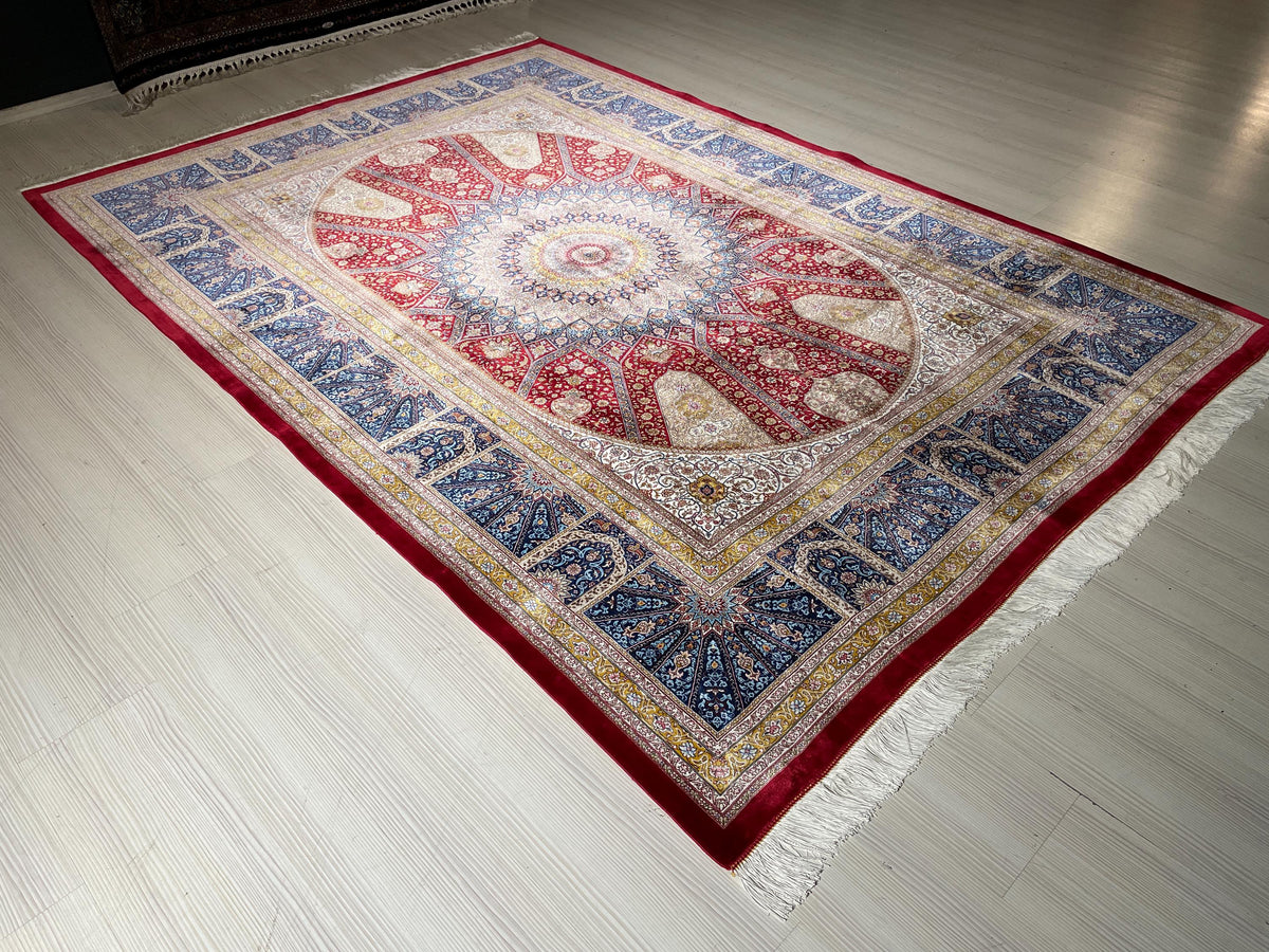 6x8 ft Red Silk Rug, Medallion Design, Modern Oriental Rug