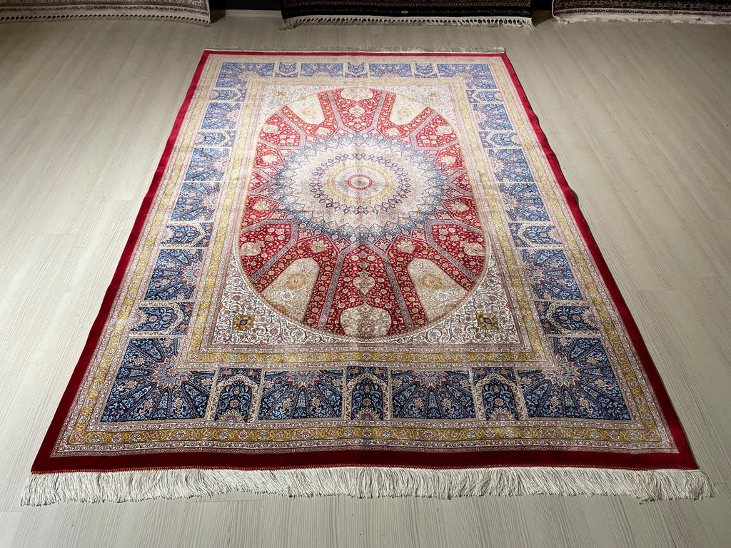 6x8 ft Red Silk Rug, Medallion Design, Modern Oriental Rug