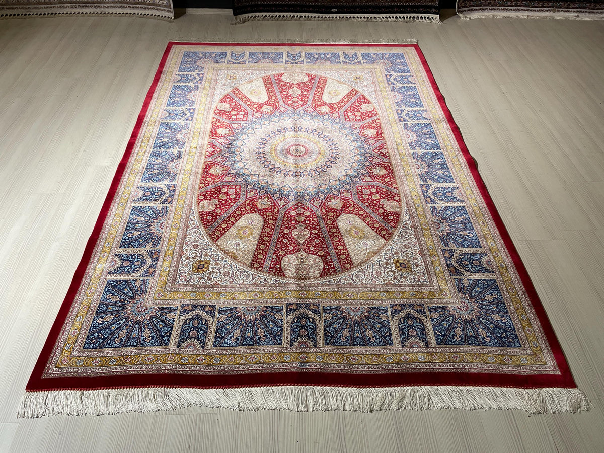 6x8 ft Red Silk Rug, Medallion Design, Modern Oriental Rug