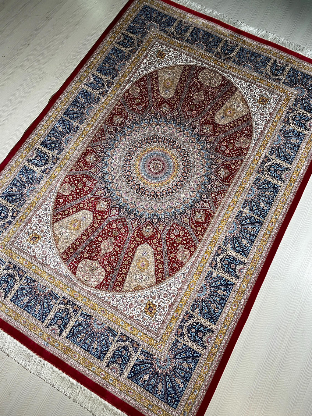 6x8 ft Red Silk Rug, Medallion Design, Modern Oriental Rug