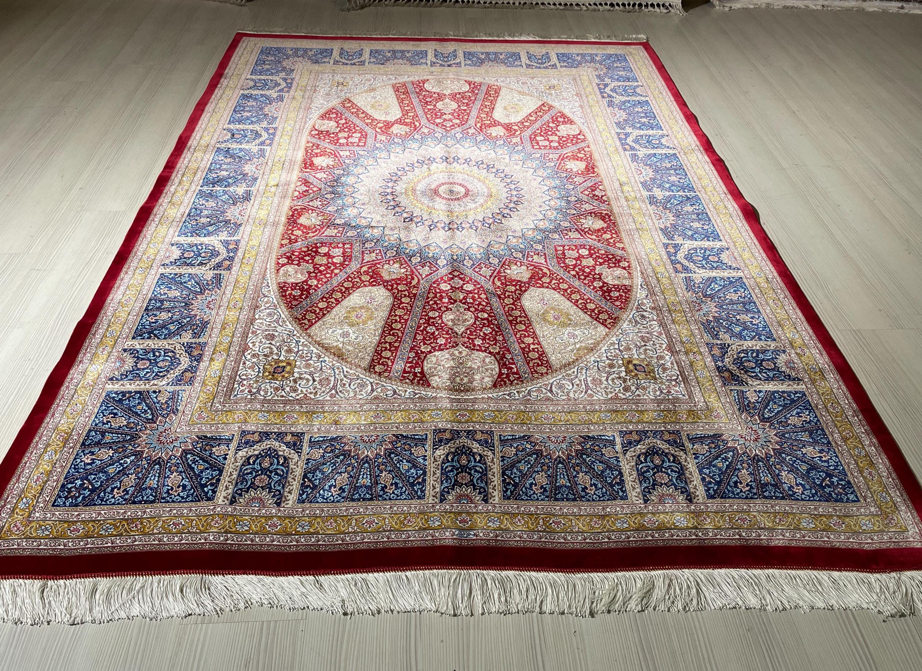 6x8 ft Red Silk Rug, Medallion Design, Modern Oriental Rug