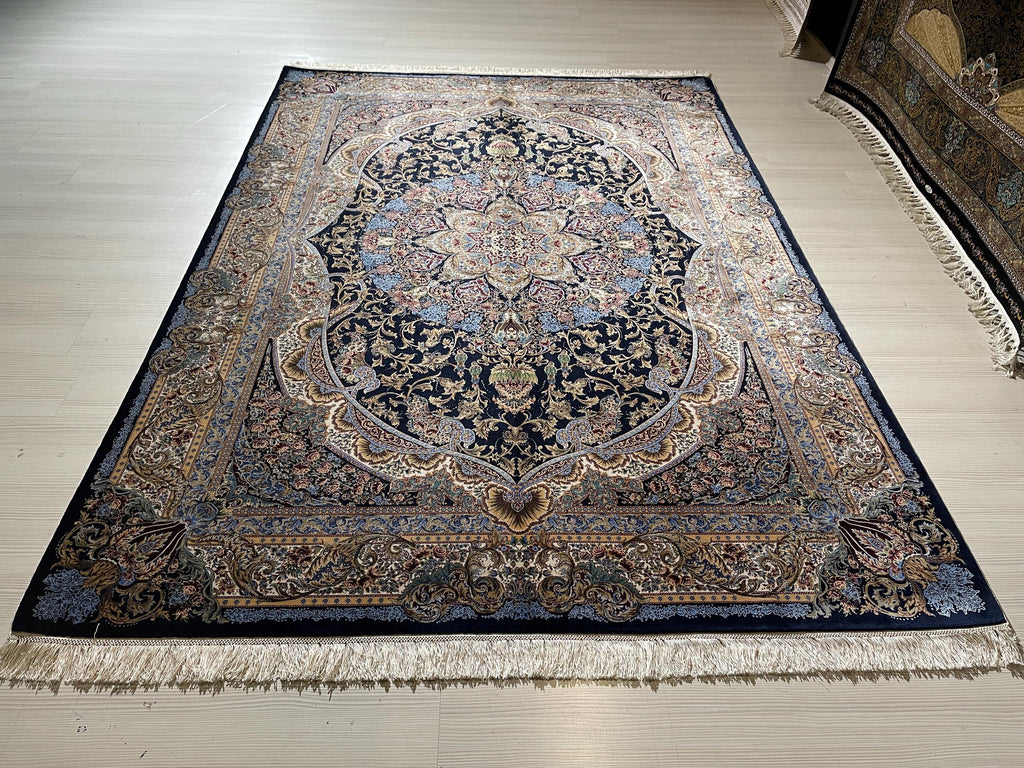 5x8 ft Silk Rug, Navy Floral Medallion, Luxury Area Rug, Classic Turkish Home Decor